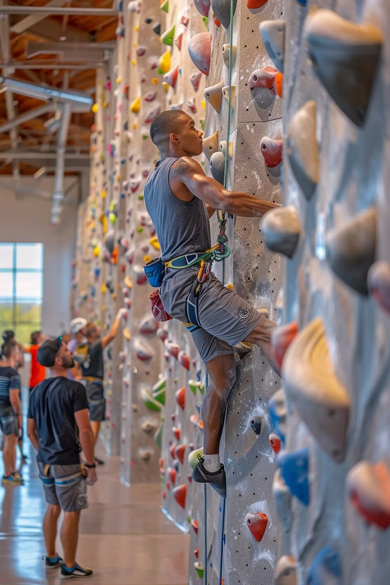 Мужчина тренируется в скалолазании на боулдеринговой стене в спортивных целях.