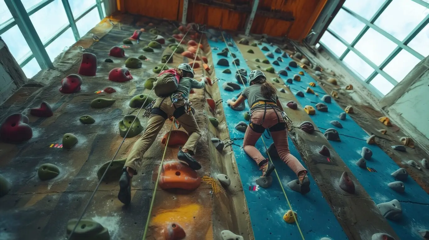 Вид на молодого человека, занимающегося скалолазанием и проходящего тренировку по боулдерингу.